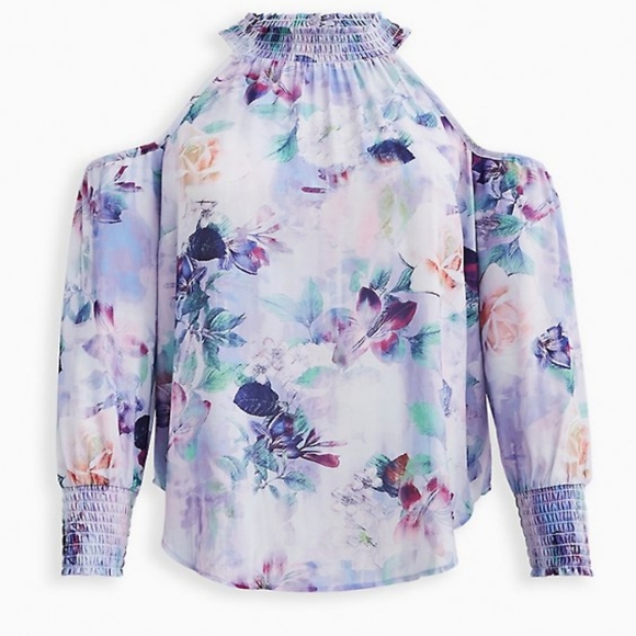 Torrid NWT size 1 exposed shoulder Grey purple floral top! - Picture 3 of 5